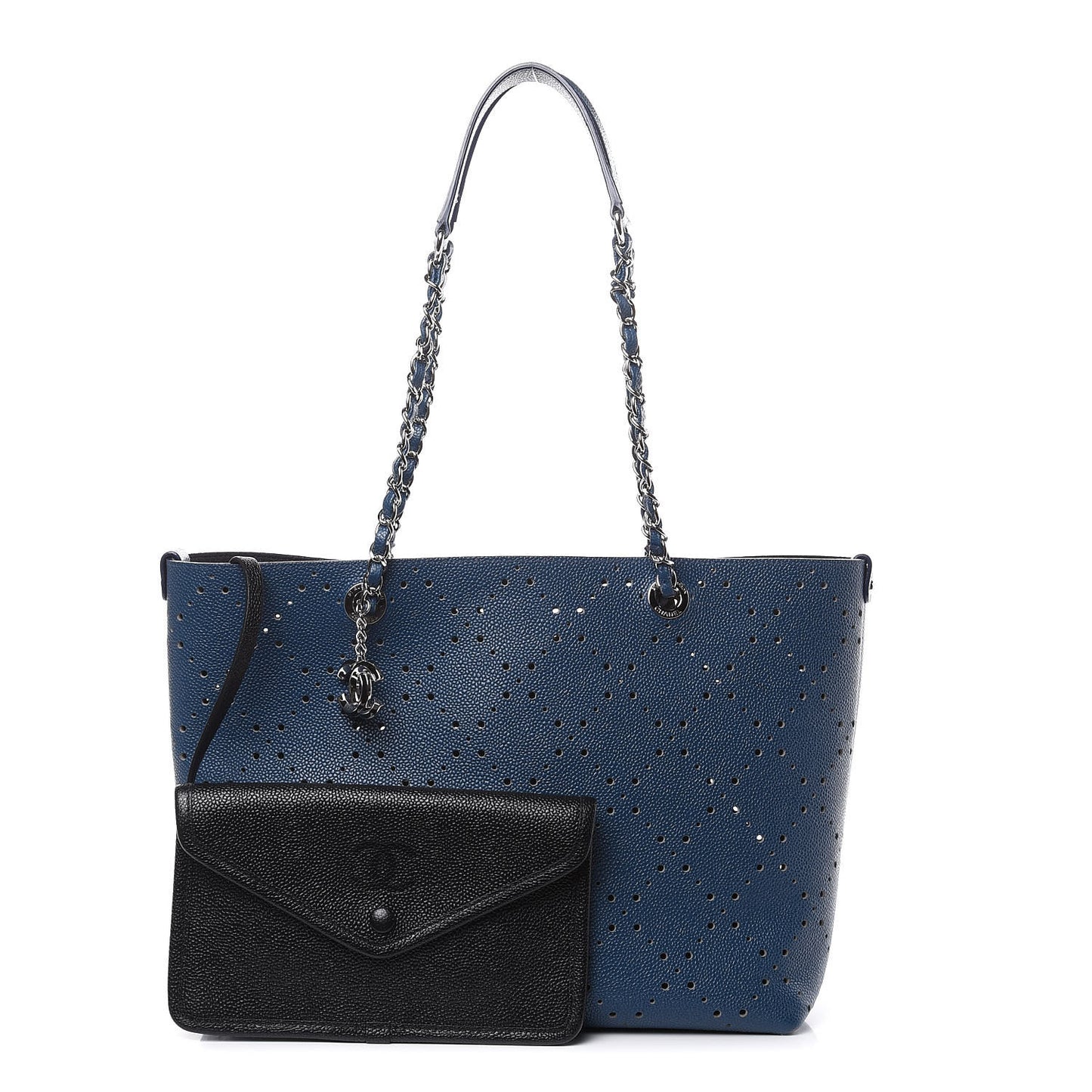 Perforated Grained Calfskin Small Shopping Tote Navy