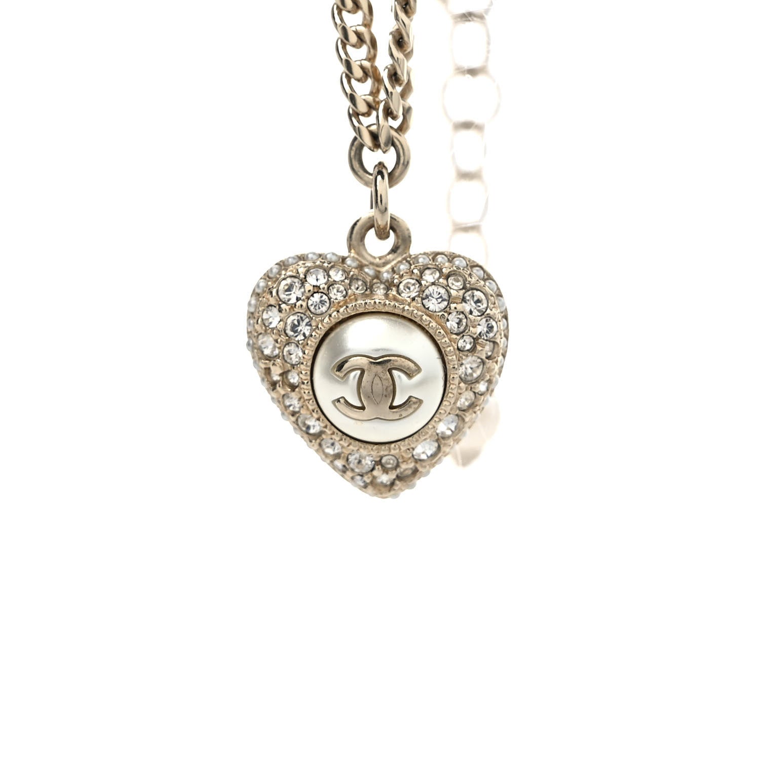 Chanel Crystal Pearl Chain Heart Bracelet Gold 3 of 5