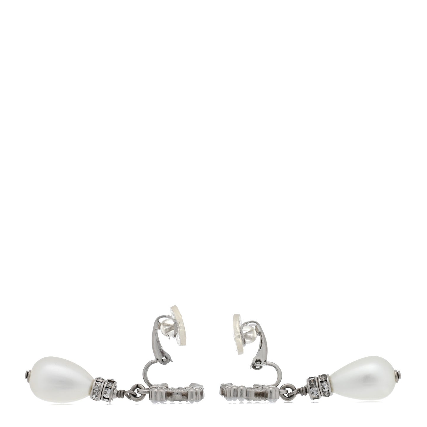 Pearl Crystal CC Drop Clip On Earrings Silver Pearly White