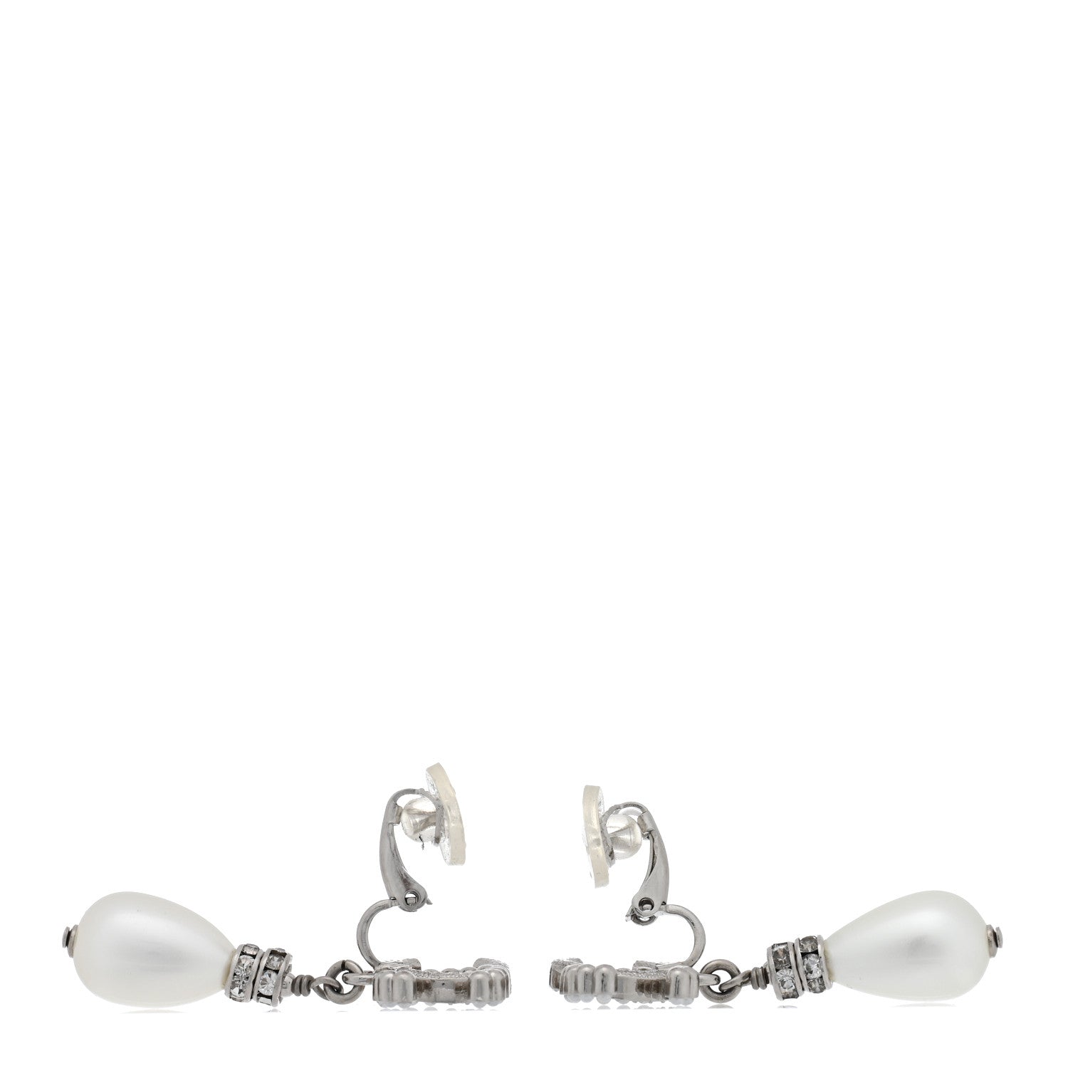 Chanel Pearl Crystal CC Drop Clip On Earrings Silver Pearly White 3 of 5