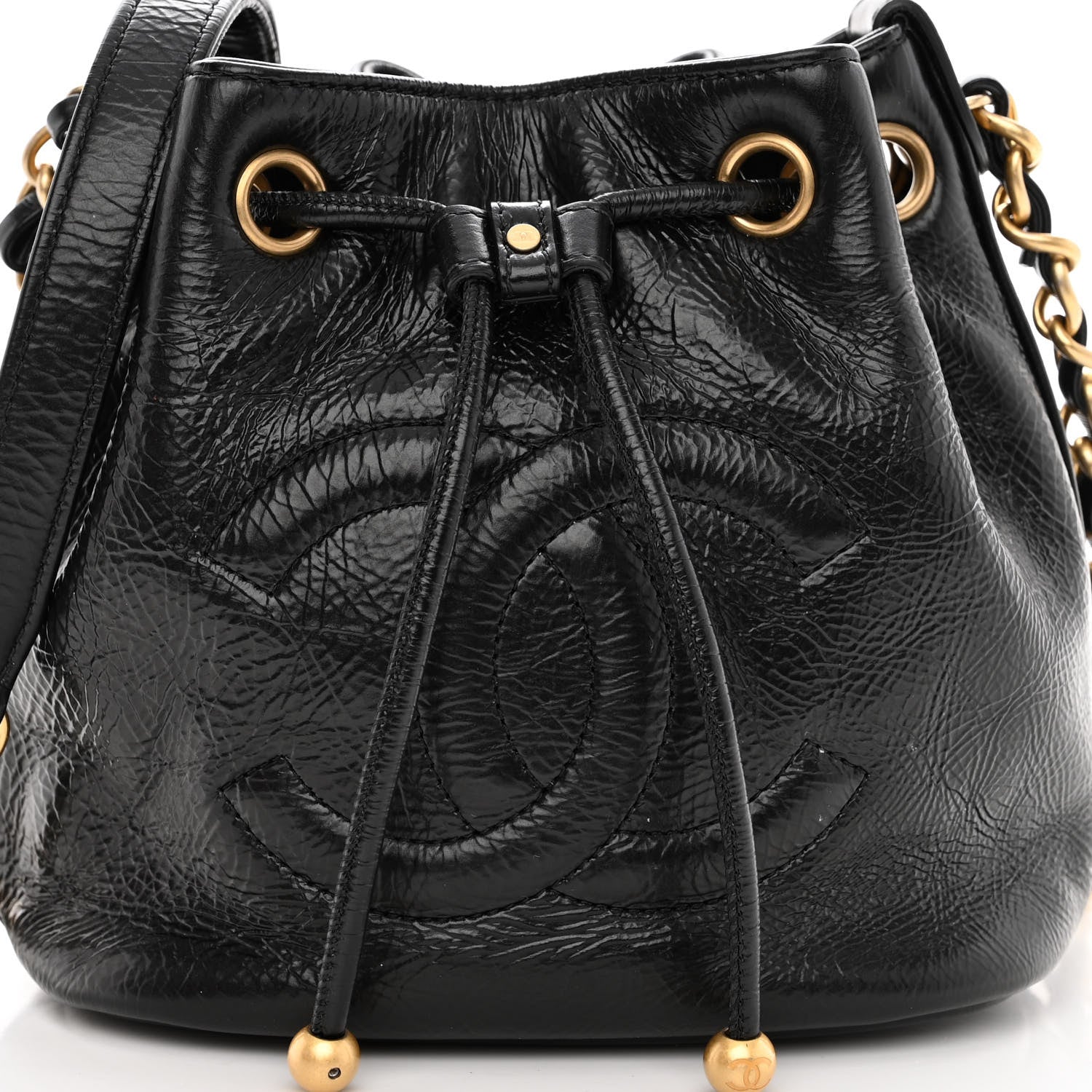 Chanel Shiny Aged Calfskin CC Chain Mini Drawstring Bag Black 8 of 12