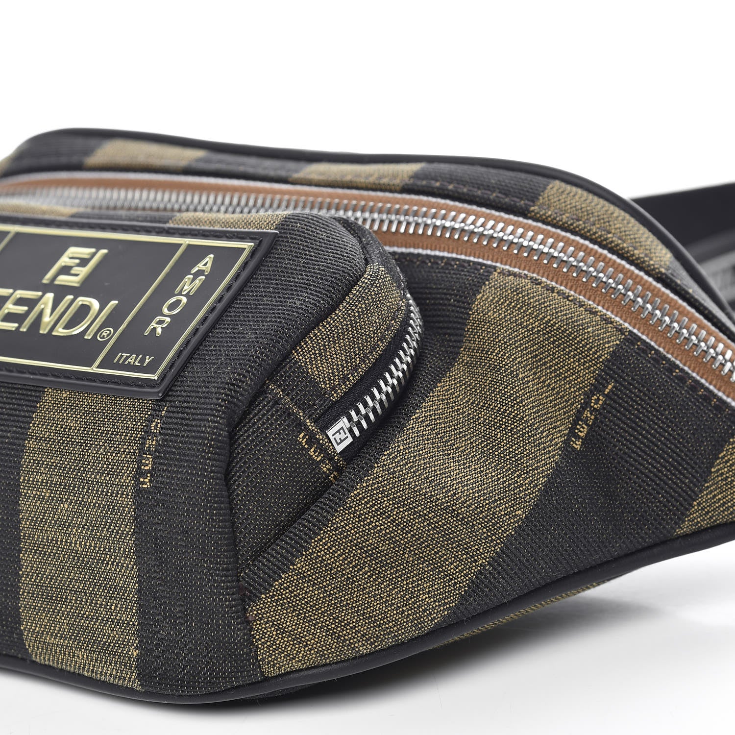 Fendi Jacquard Vitello Century Pequin Logo Plate Pocket Belt Bag Tobacco Moro Black 8 of 10