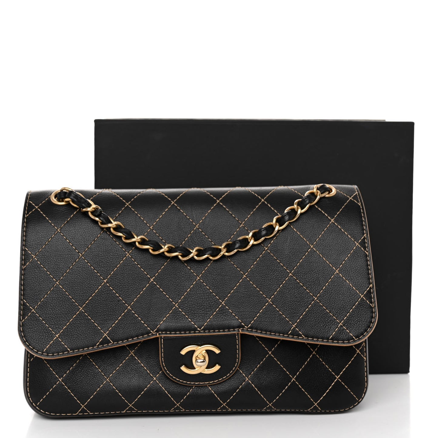 Calfskin Stitched Jumbo Double Flap Black