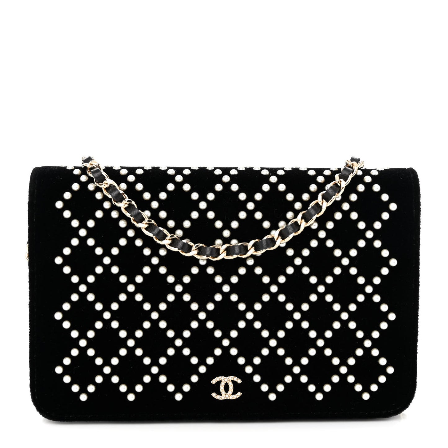 Velvet Pearl Diamond Embellished Wallet On Chain WOC Black