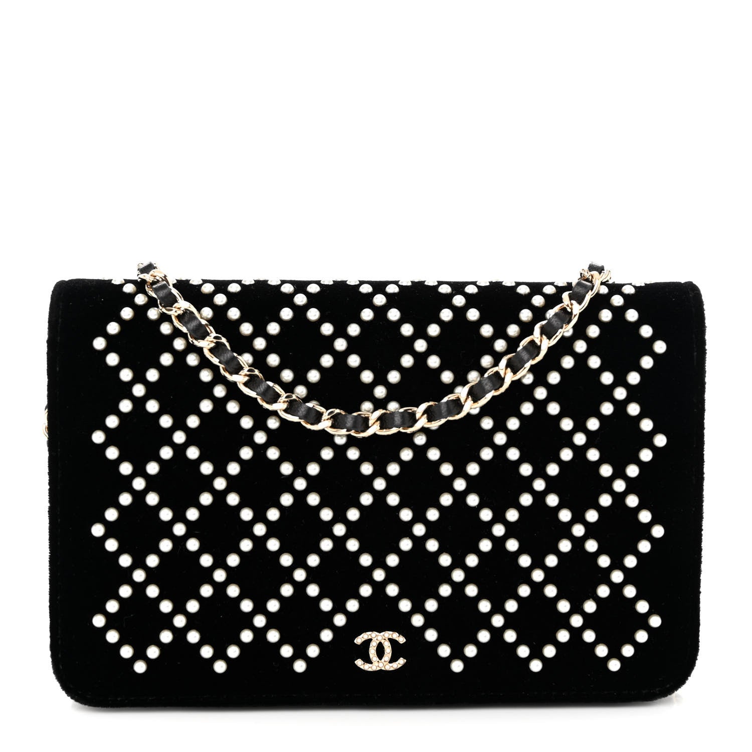 Chanel Velvet Pearl Diamond Embellished Wallet On Chain WOC Black 1 of 13