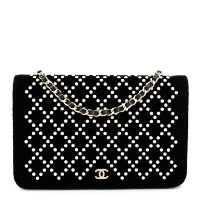 Chanel Velvet Pearl Diamond Embellished Wallet On Chain WOC Black 1 of 13