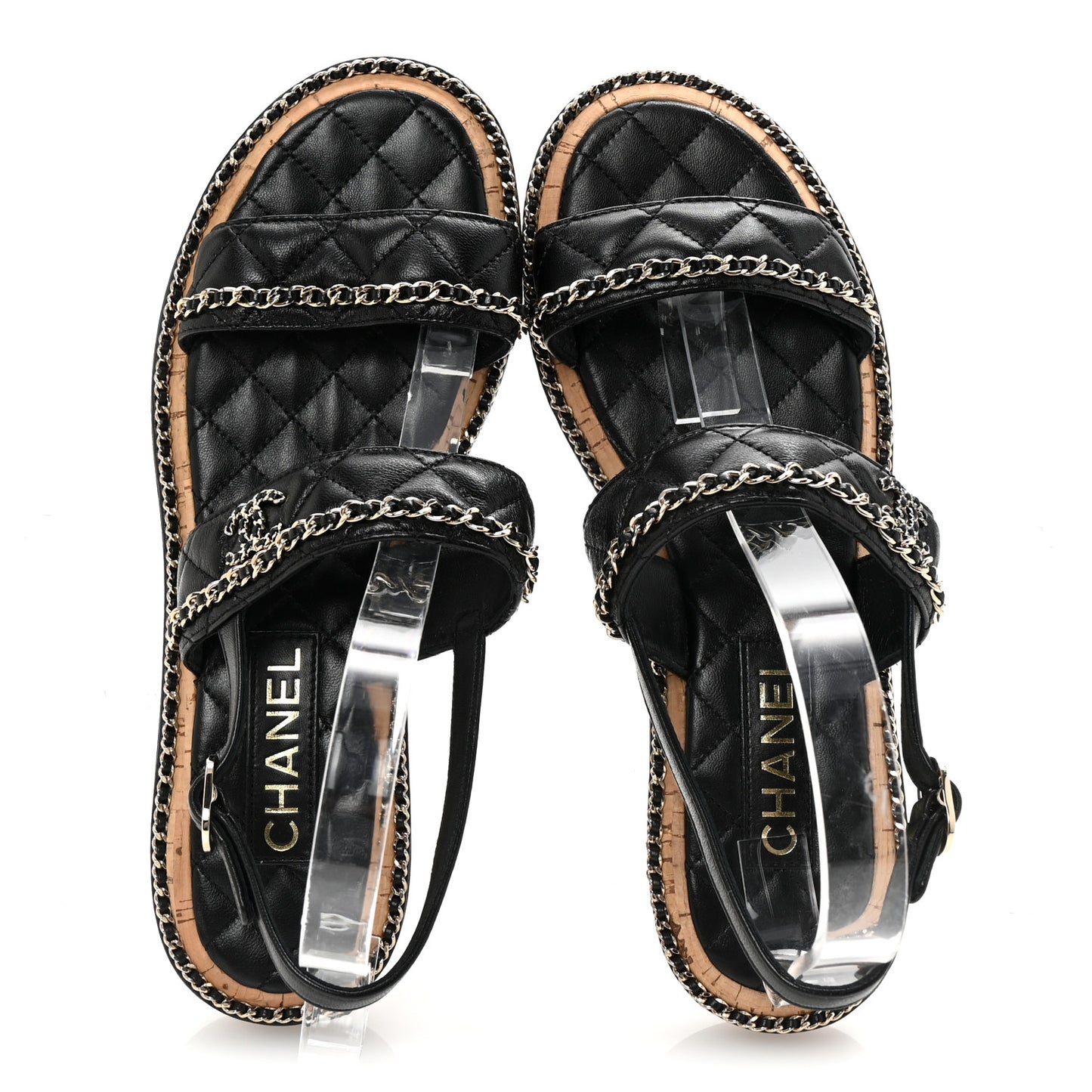 Shiny Lambskin Quilted Chain CC Sandals 41 Black