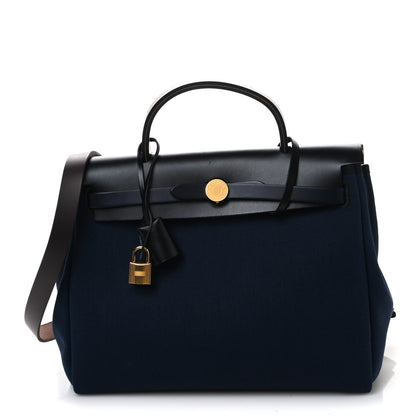 Hermes Military Toile Vache Hunter Herbag Zip Retourne 31 PM Bleu Indigo Black 1 of 11