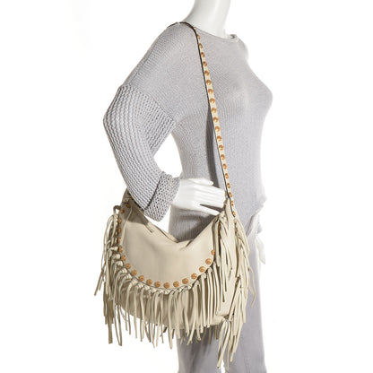 Valentino Garavani Grained Calfskin C-Rockee Fringe Hobo Light Ivory 3 of 9