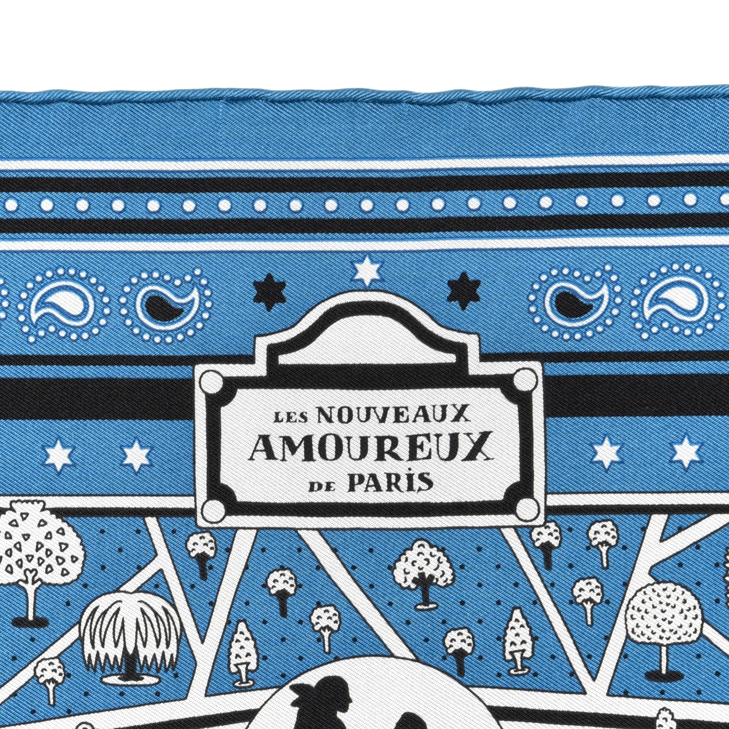 Hermes Silk Les Nouveaux Amoureux de Paris Bandana Scarf 55 Bleu Canard Black Gris 2 of 4