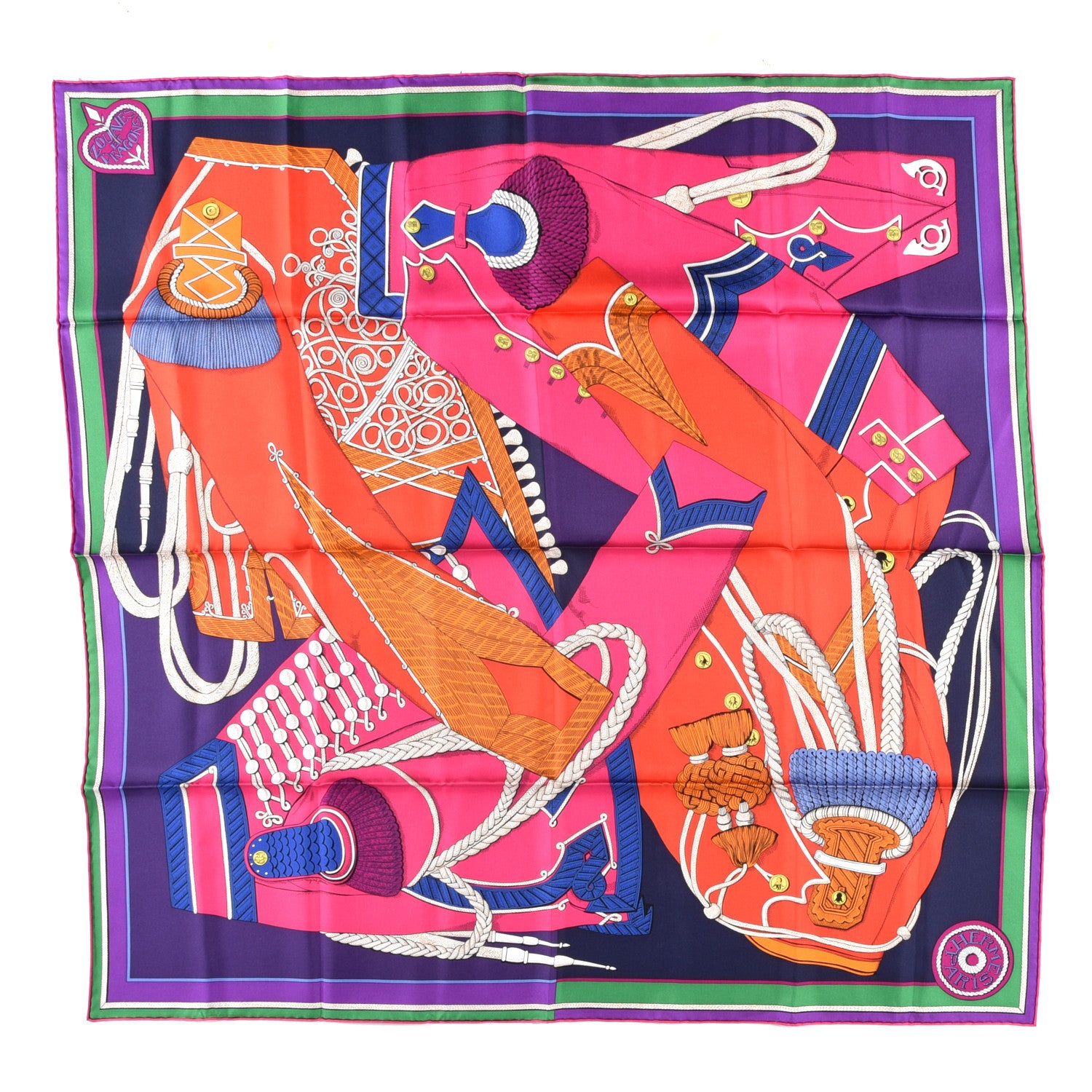 Hermes Silk Twill Zouaves Et Dragons Scarf 90 Rose Vif Rouge Violet 1 of 4