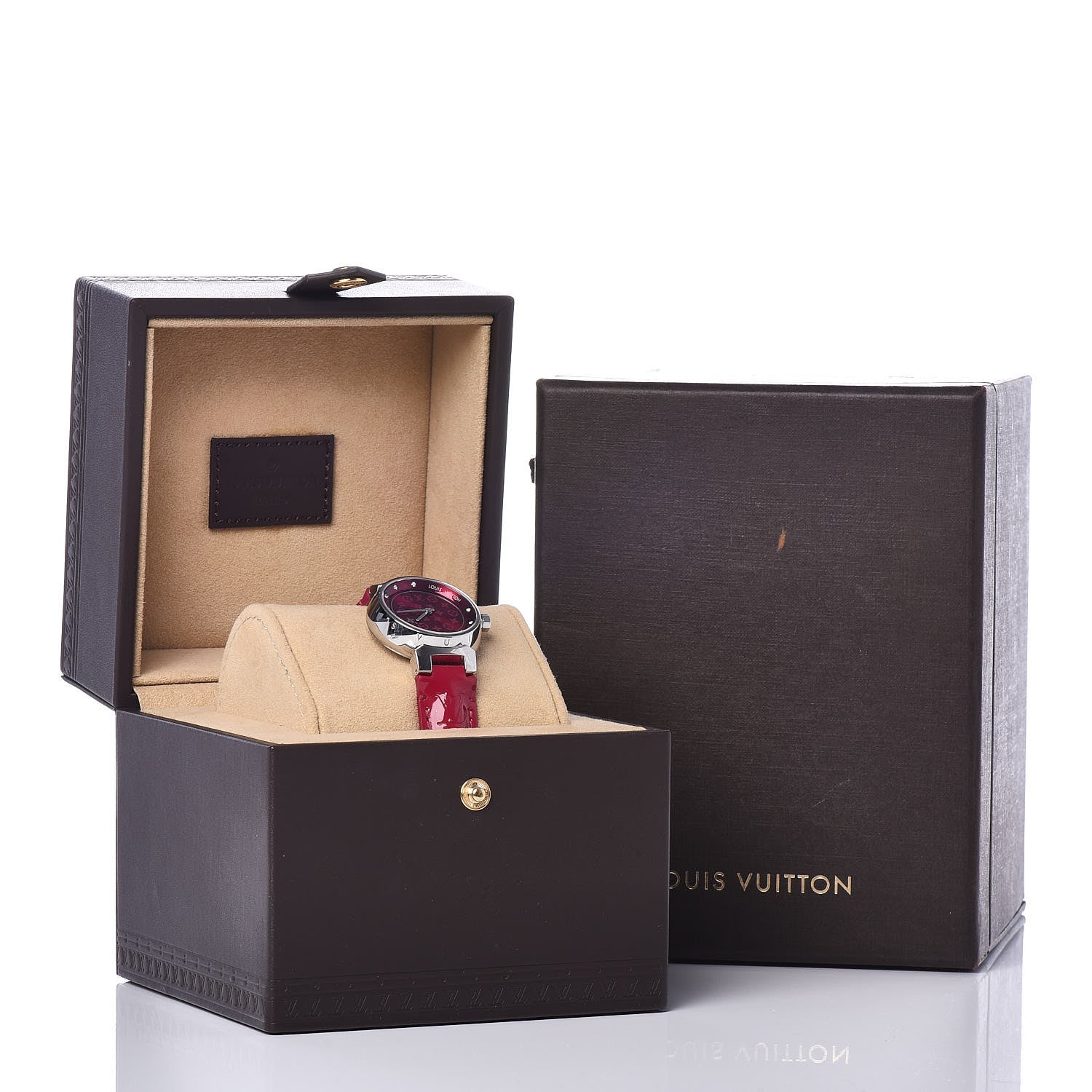 Louis Vuitton Stainless Steel Vernis Diamond 28mm Tambour Quartz Watch Red 8 of 8