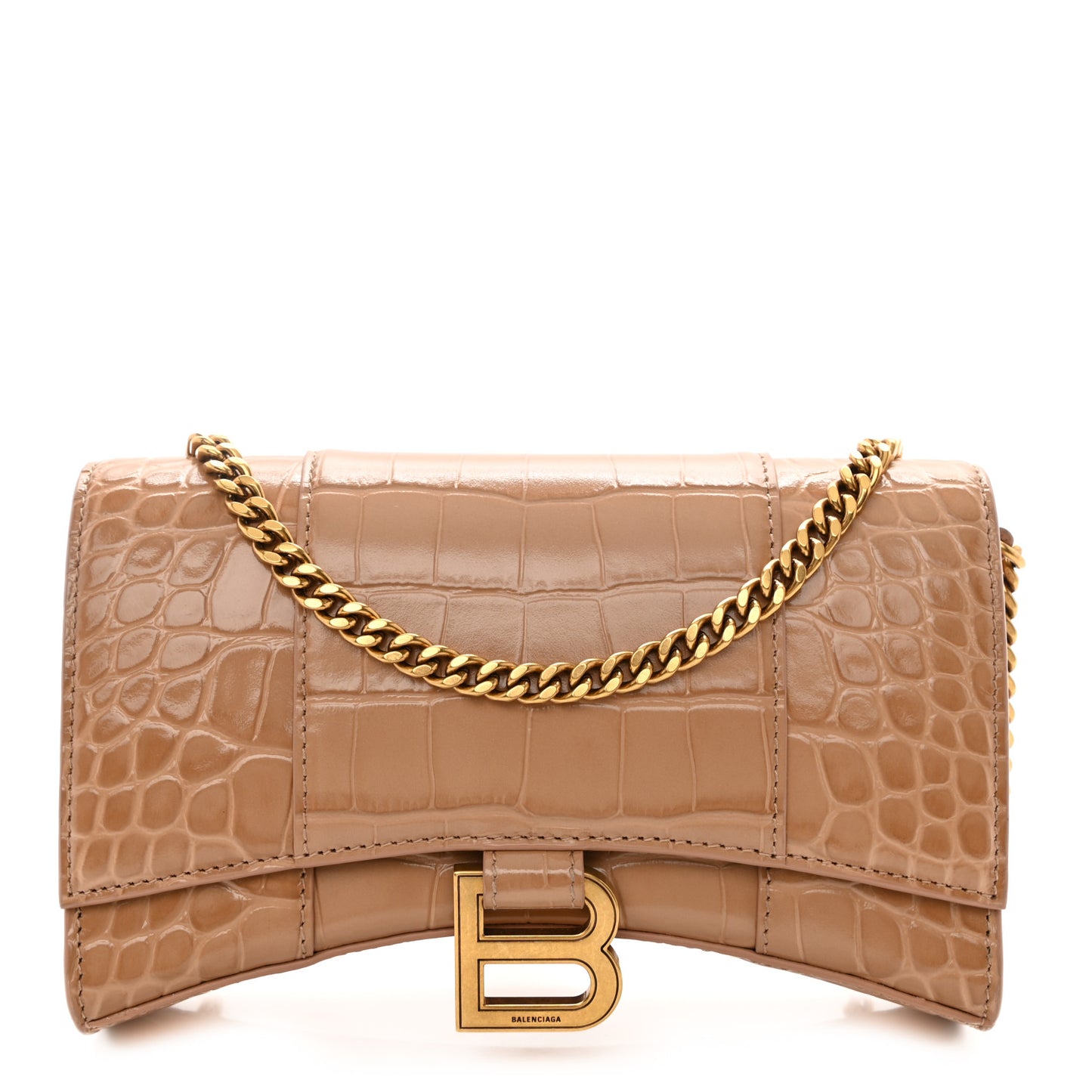 Shiny Calfskin Crocodile Embossed Hourglass Chain Bag Nude Beige