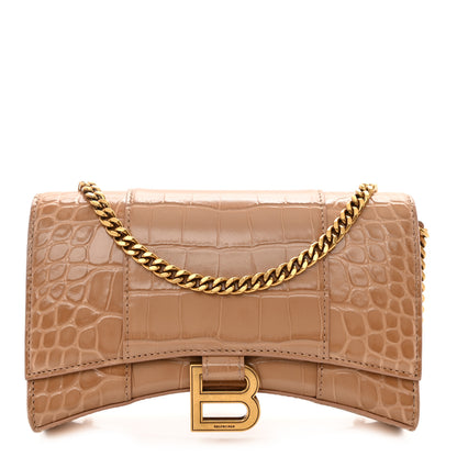 Balenciaga Shiny Calfskin Crocodile Embossed Hourglass Chain Bag Nude Beige 1 of 7