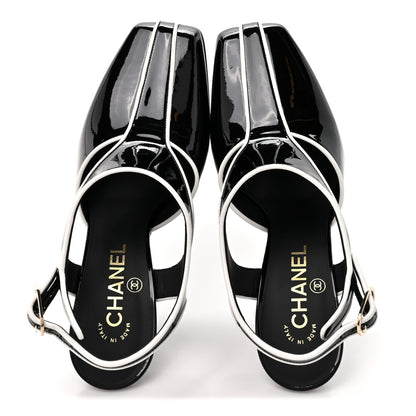 Chanel Patent Calfskin Lambskin CC Slingback Pumps 37.5 White Black 2 of 9