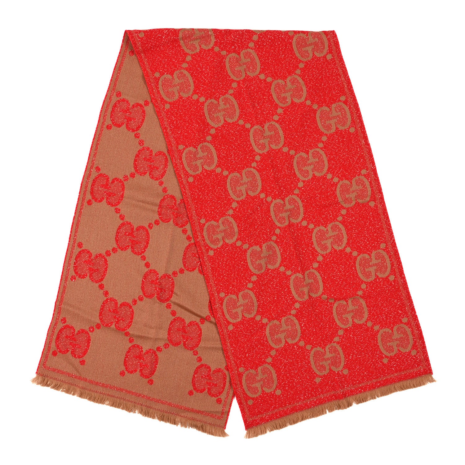 Gucci Wool Lame Jacquard Monogram Jumbo GG Lady Nest Lux Scarf Flame Beige 2 of 3