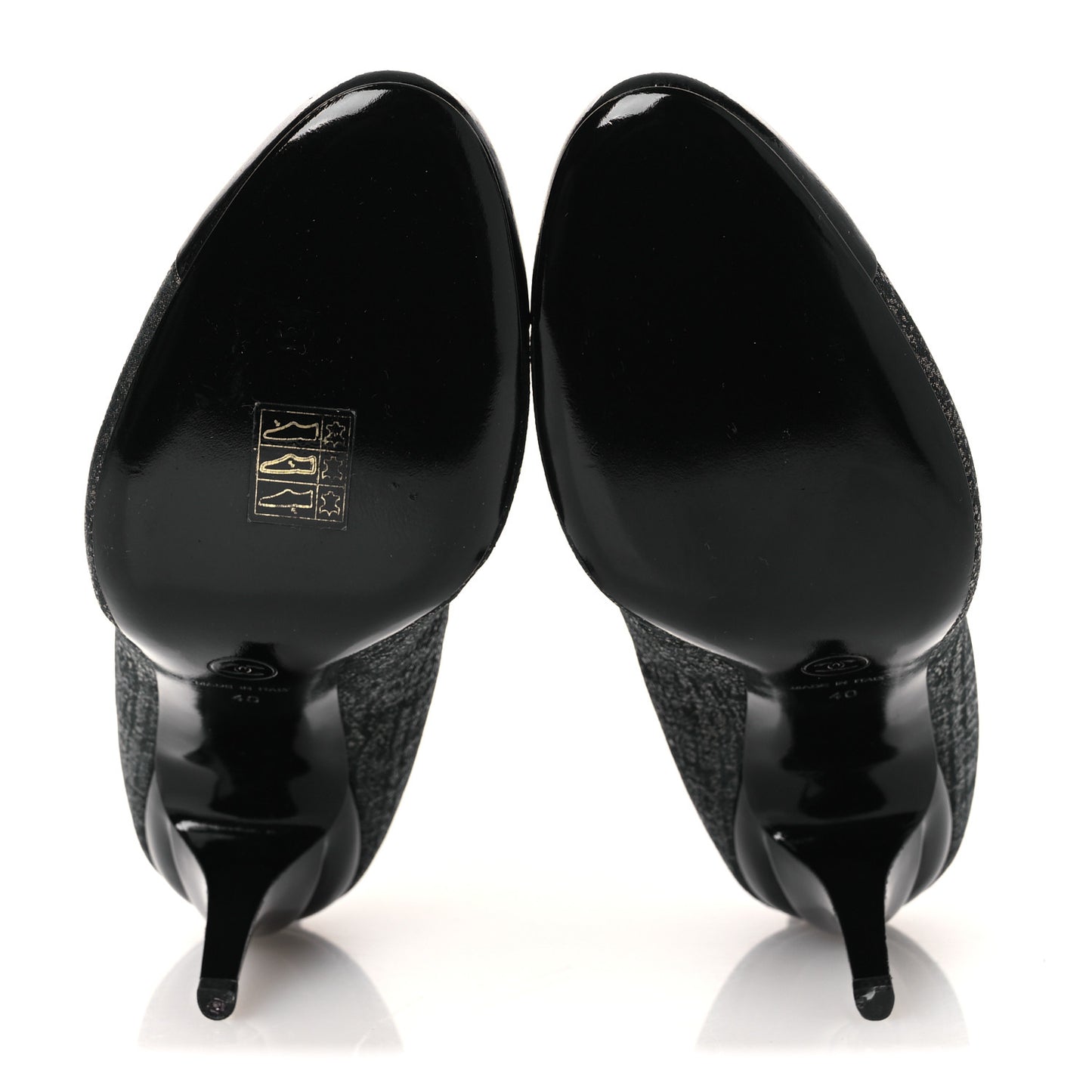 Metallic Tweed Patent Cap Toe CC Chain Ankle Booties 40 Black