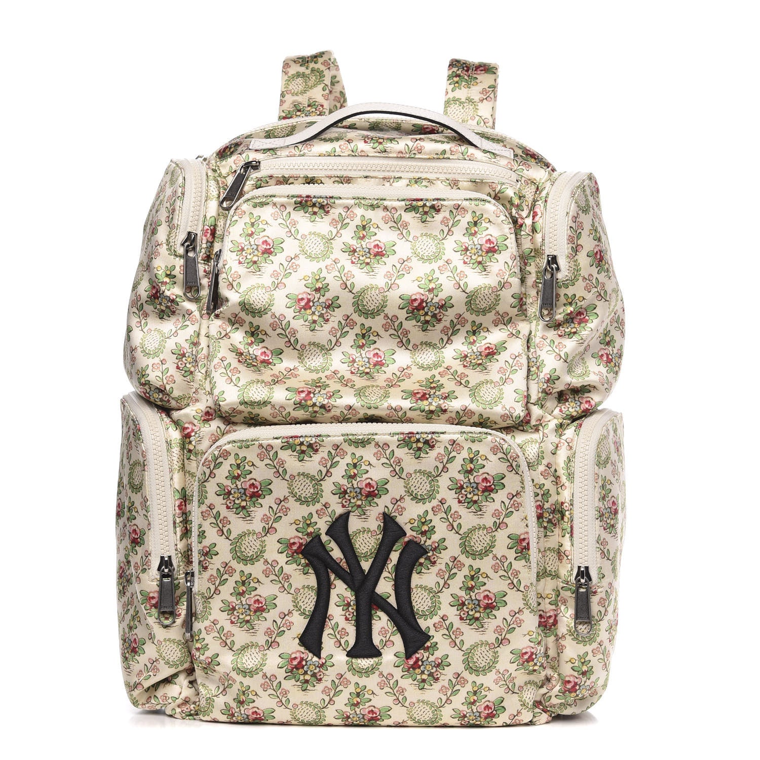 Gucci X MLB Satin Floral Print NY Yankees Patch Backpack Ivory Green 1 of 9