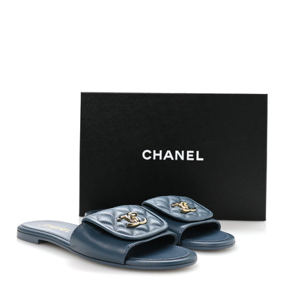 Chanel Lambskin Quilted Turnlock Flat Mules 39.5 Dark Blue 9 of 9