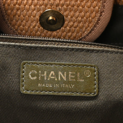 Chanel Straw Raffia Calfskin Striped Medium Deauville Tote Khaki Beige Navy Blue 6 of 12