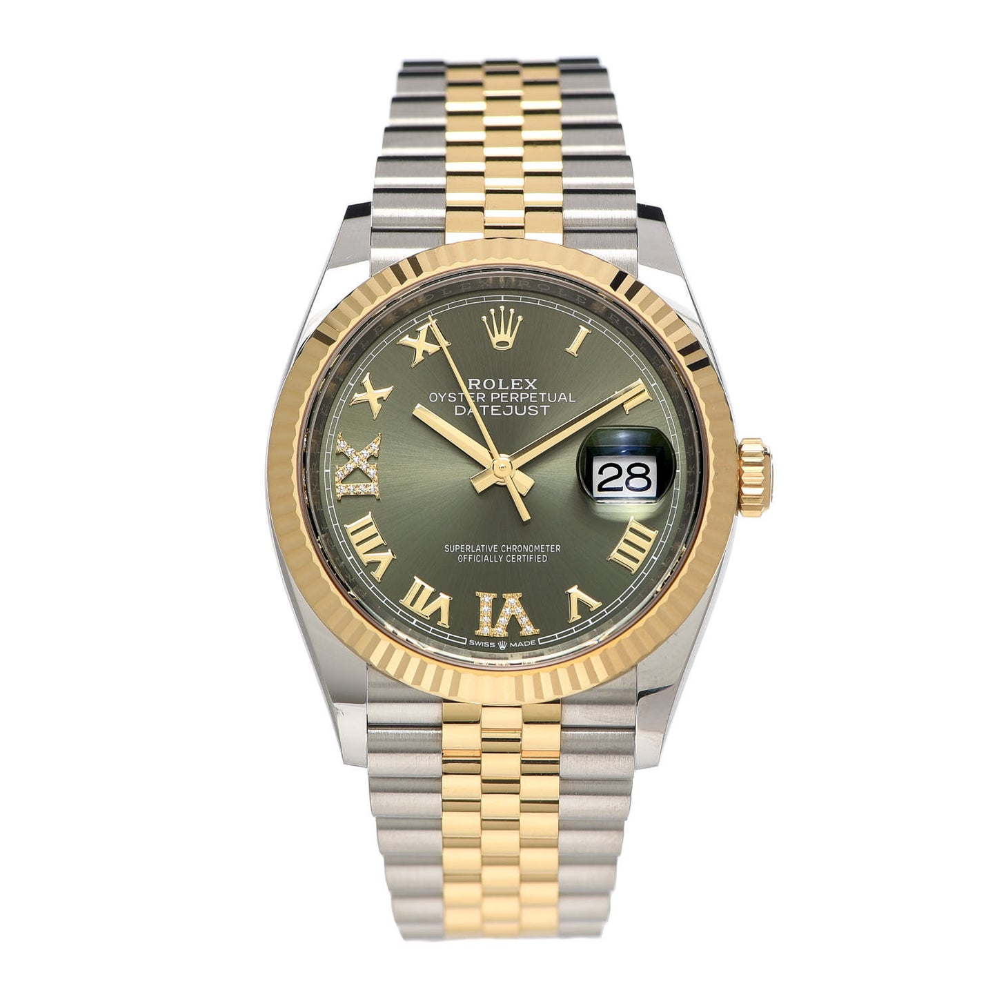 Stainless Steel 18K Yellow Gold Diamond 36mm Oyster Perpetual Datejust Watch Olive Green Roman 126233