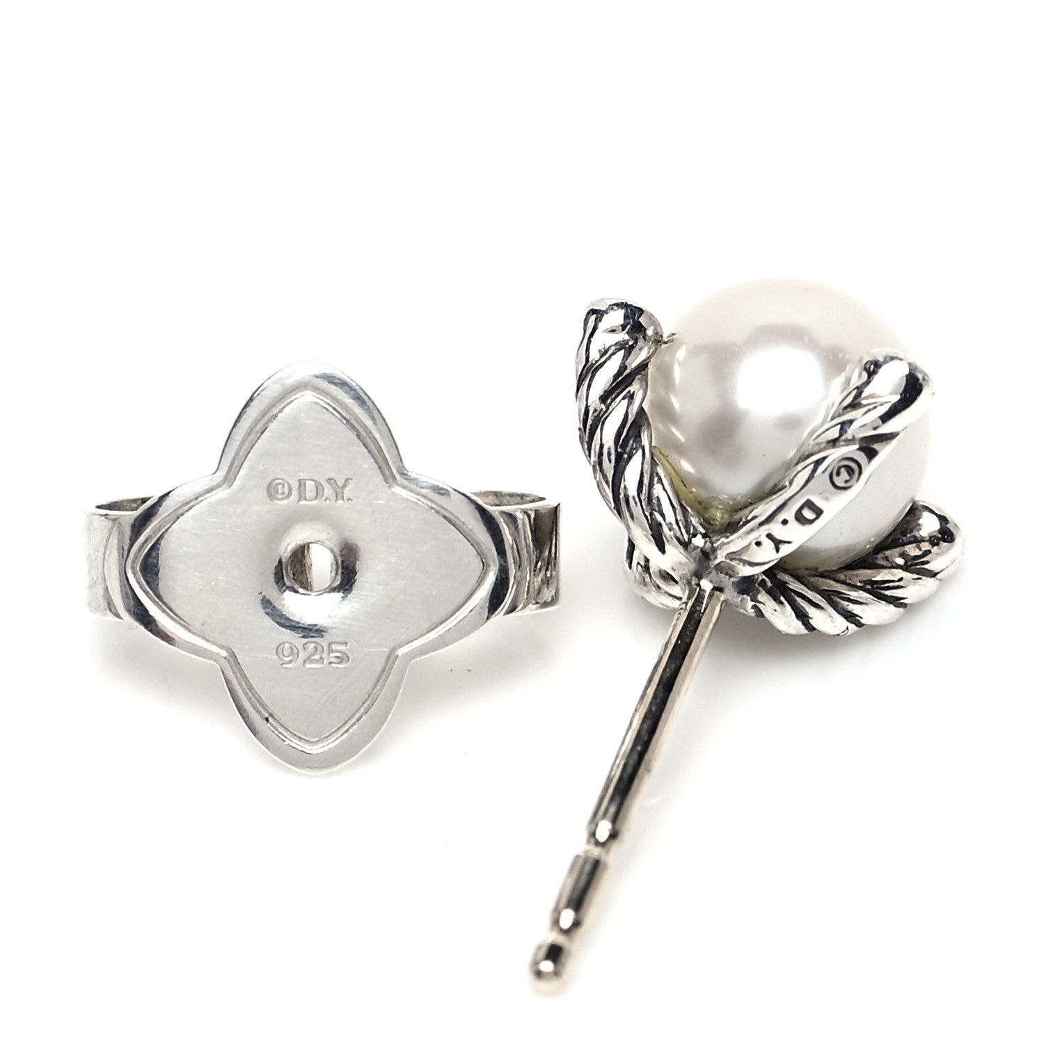 David Yurman Sterling Silver Diamond Pearl 7mm Earrings 4 of 4