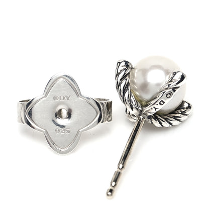 David Yurman Sterling Silver Diamond Pearl 7mm Earrings 4 of 4
