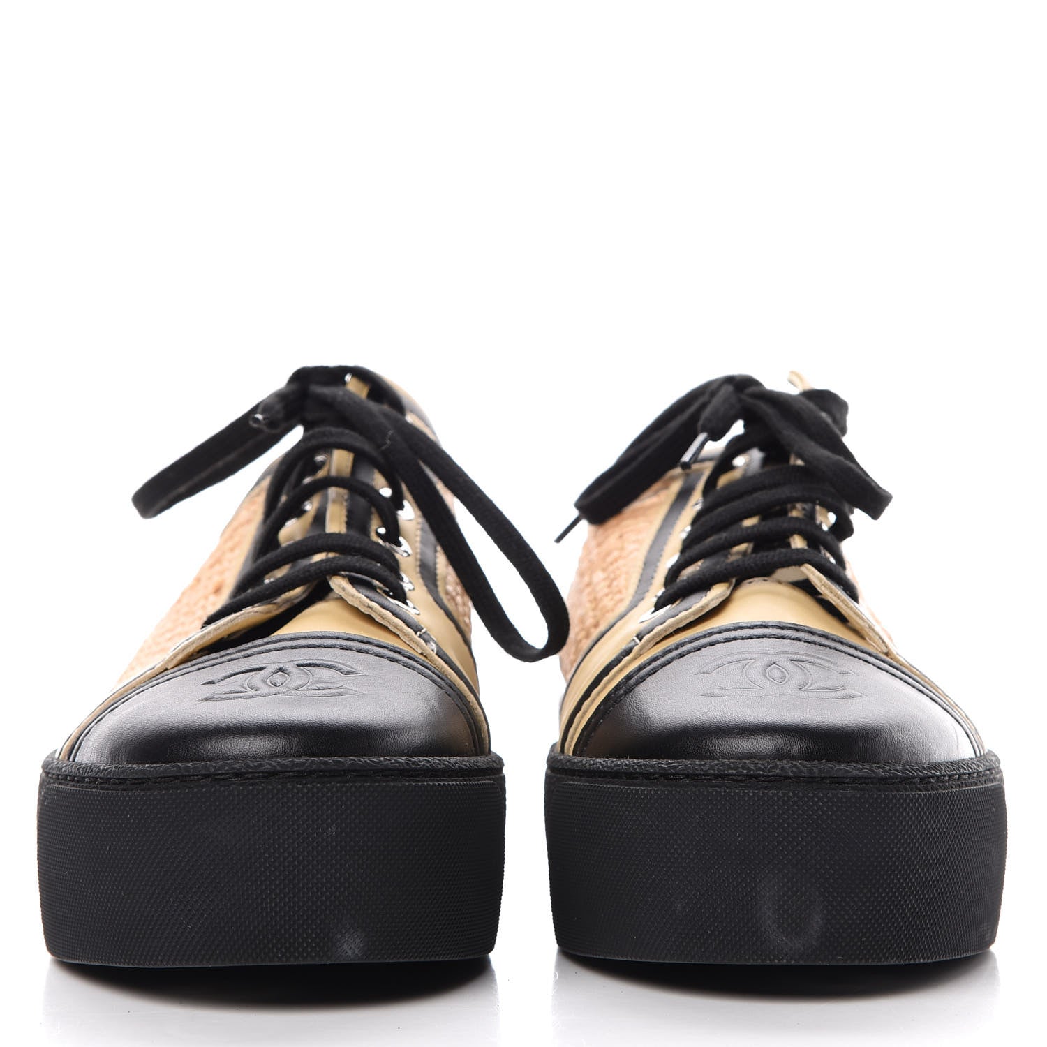 Chanel Straw Calfskin Lace Up Sneakers 41 Beige Black 2 of 11
