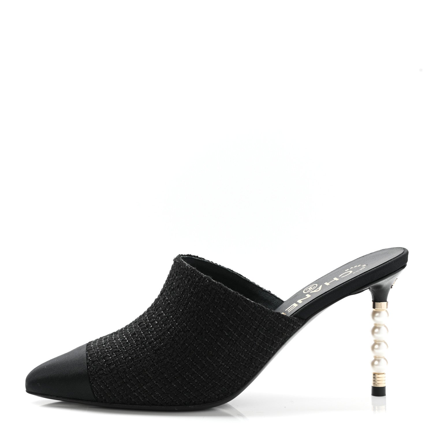 Chanel Tweed Grosgrain Cap Toe Pearl Mule 37.5 Black 1 of 8