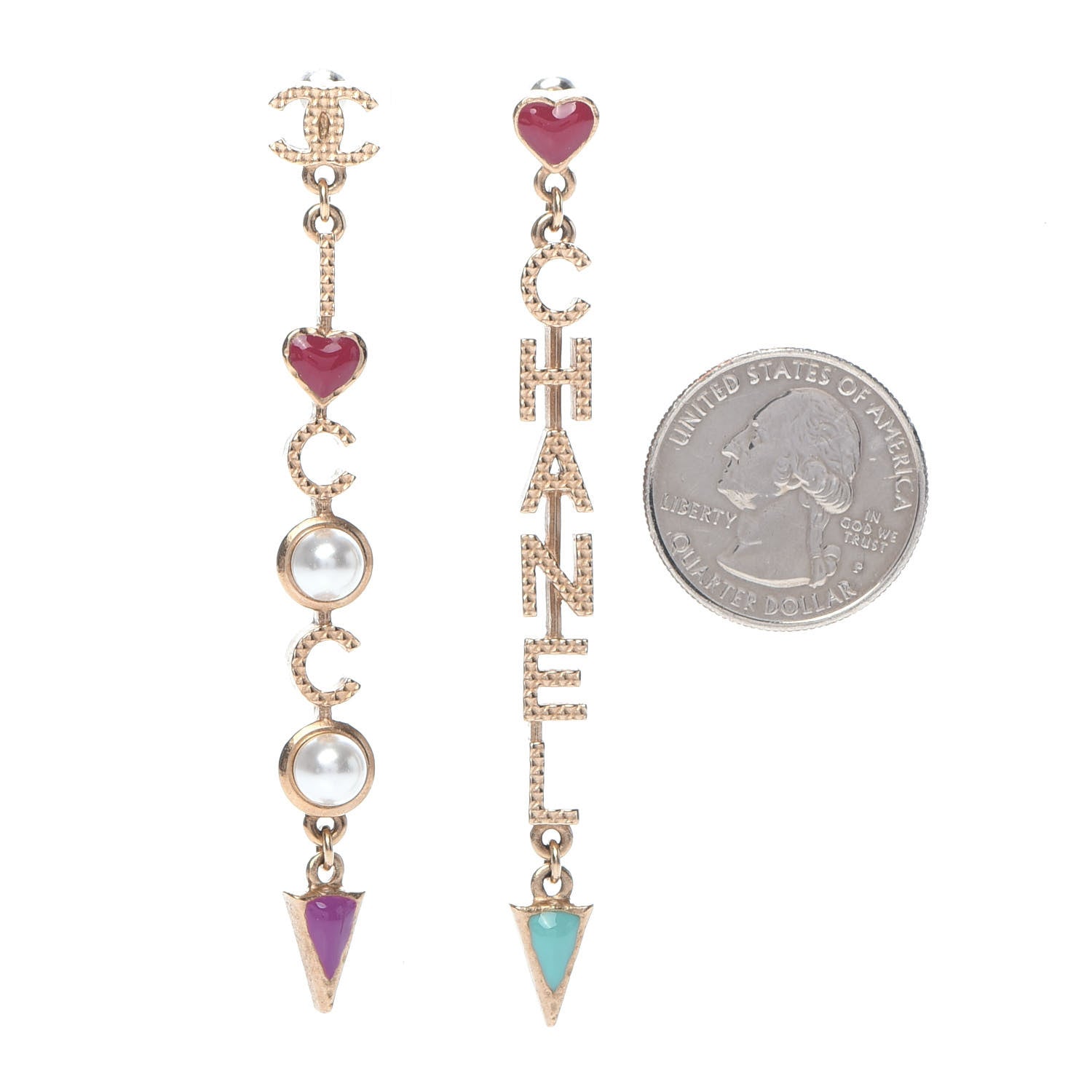 Chanel Pearl Enamel Logo Long Drop Earrings Gold 2 of 5