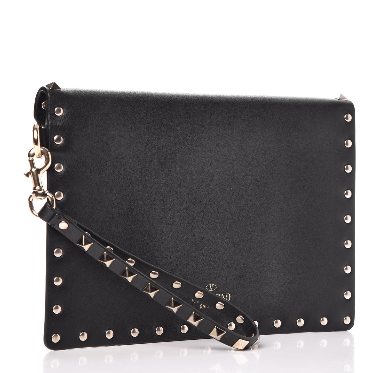 Vitello Medium Rockstud Envelope Flat Wristlet Pouch Black