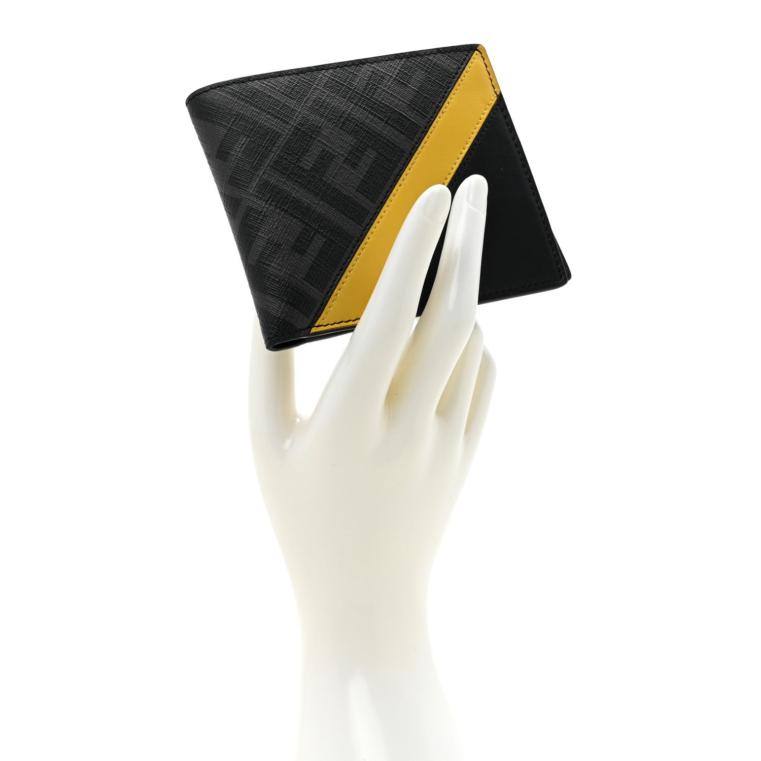 Fendi Glazed Fabric Vitello King FF 1974 Diagonal Bi-Fold Wallet Grey Black Sunflower 2 of 10
