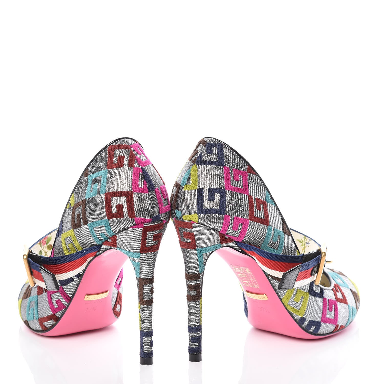 Gucci Velvet Lurex Square G Web Pumps 37.5 Silver Multicolor 5 of 14