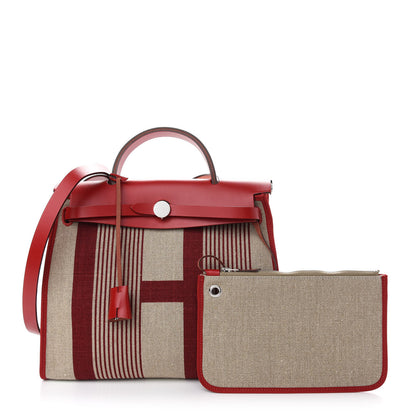 Hermes Vache Hunter Toile H Vibration Herbag Zip 31 PM Bordeaux Ficelle Rouge Piment 1 of 10