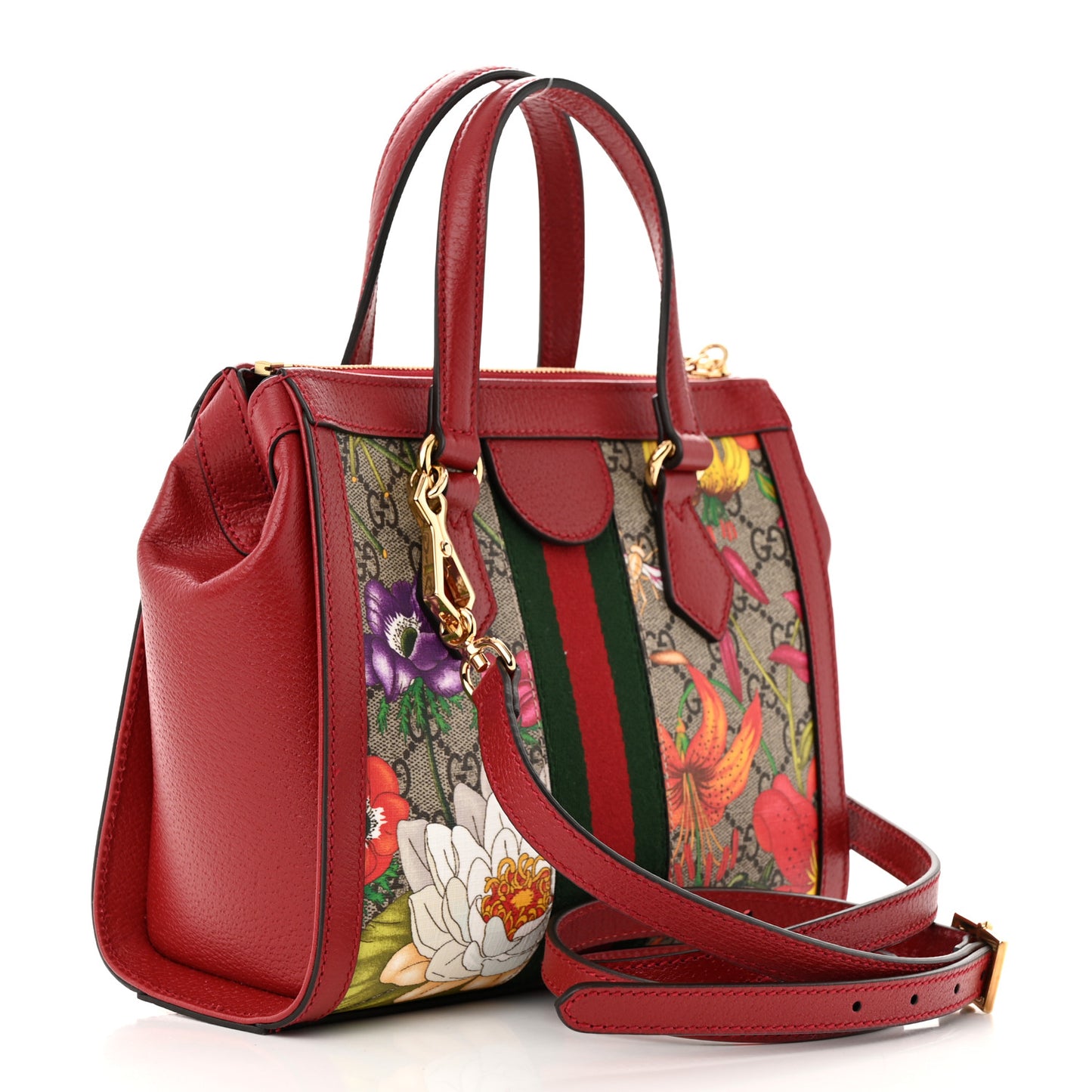 GG Supreme Monogram Flora Web Small Ophidia Tote Bag Red