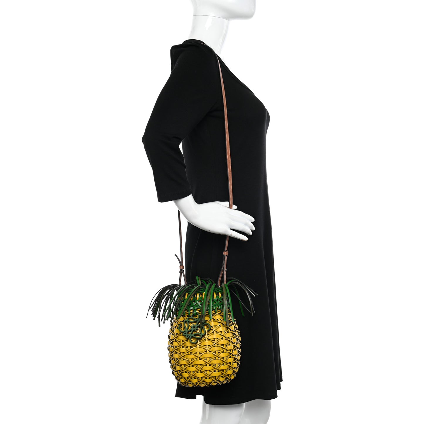 Calfskin Fringe Woven Pineapple Bucket Bag Yellow Green