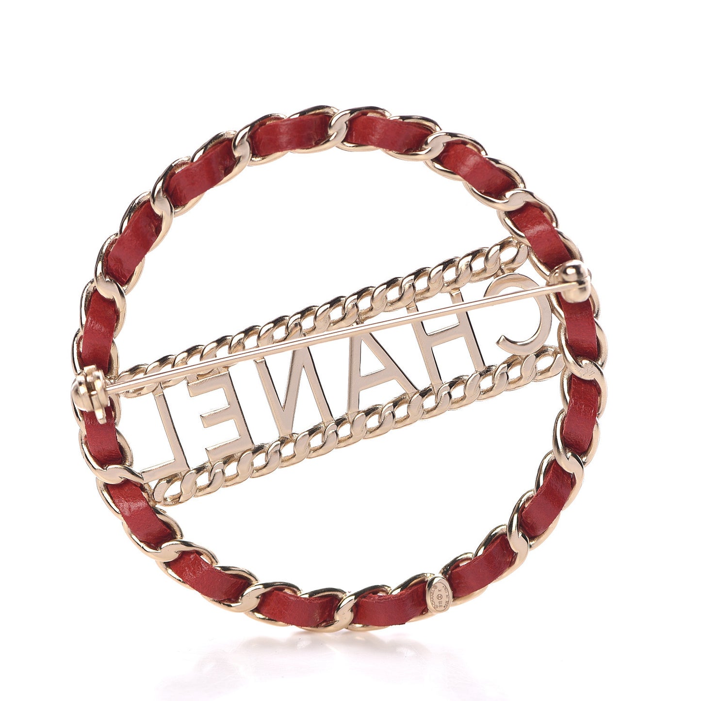 Lambskin Chain Logo Brooch Red Gold