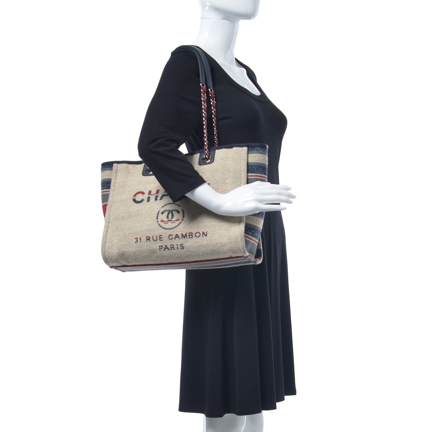 Chanel Striped Canvas Small Deauville Tote Beige 2 of 9
