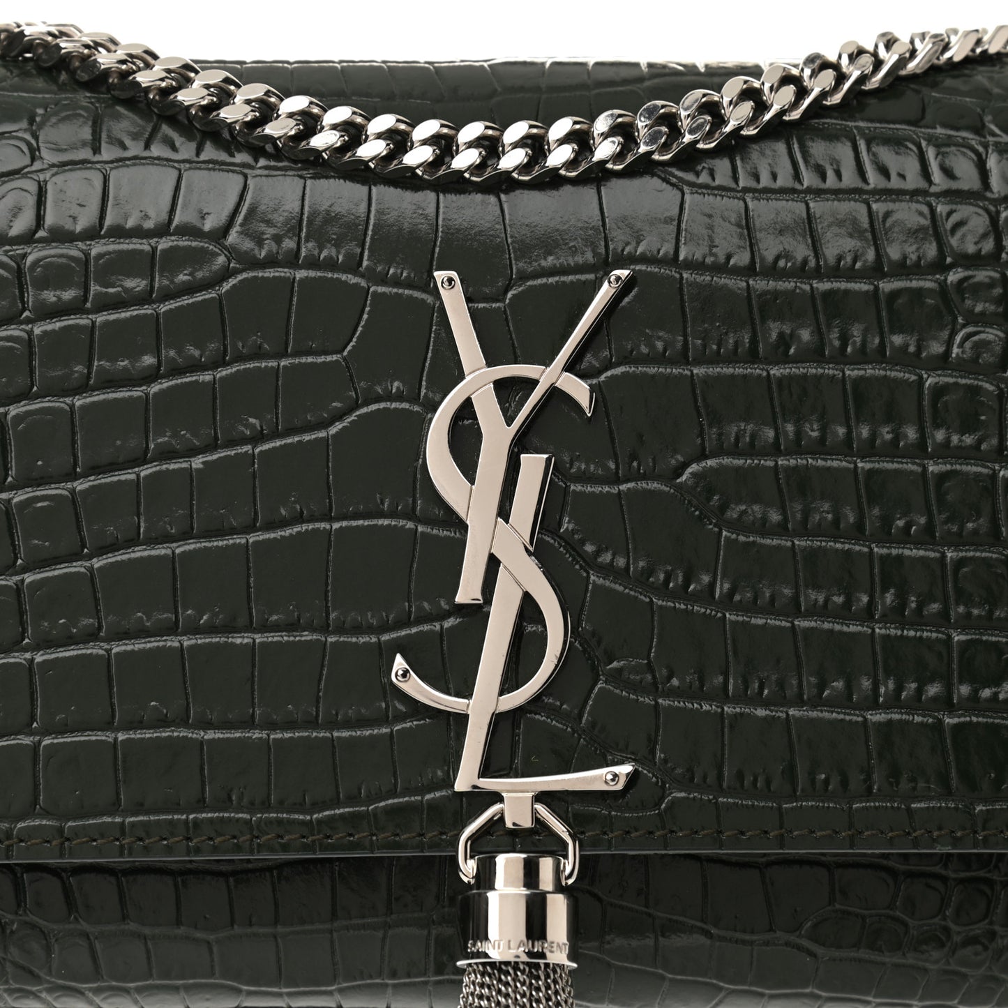 Calfskin Crocodile Embossed Small Classic Monogram Kate Tassel Satchel Dark Green