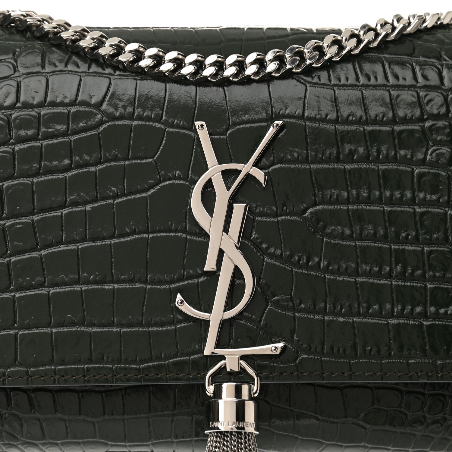 Saint Laurent Calfskin Crocodile Embossed Small Classic Monogram Kate Tassel Satchel Dark Green 6 of 8