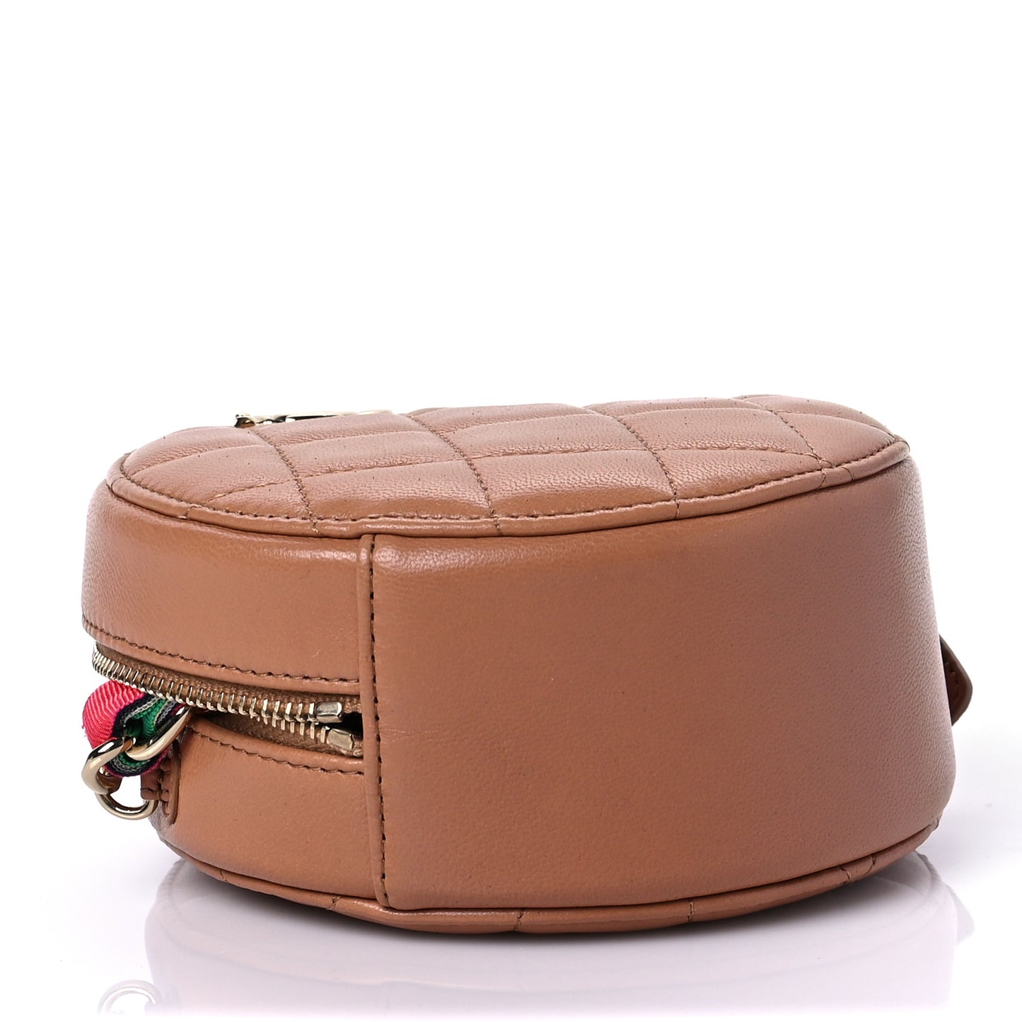 Shiny Lambskin Ribbon Quilted Round Clutch With Chain Brown