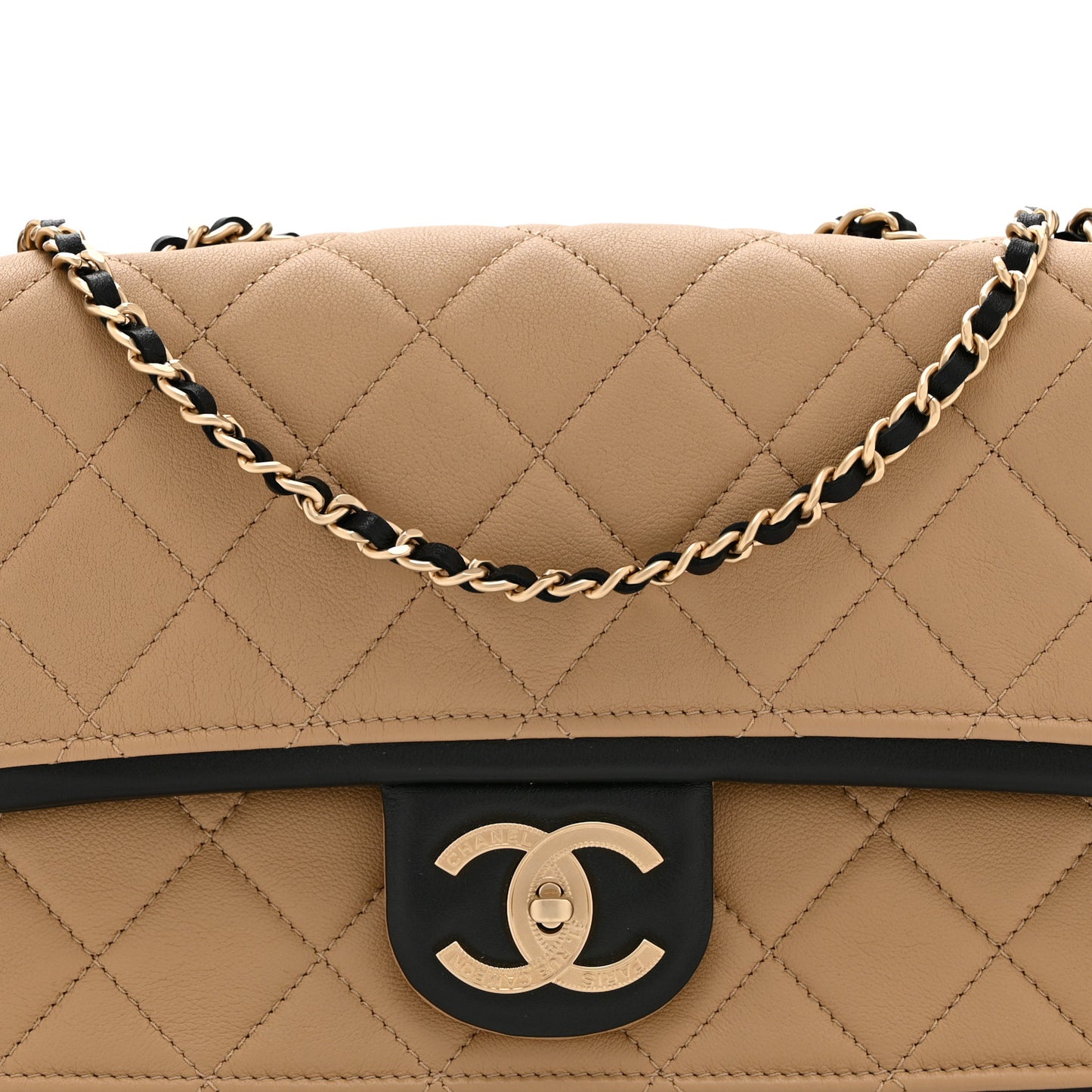 Lambskin Quilted Medium Graphic Flap Beige Black