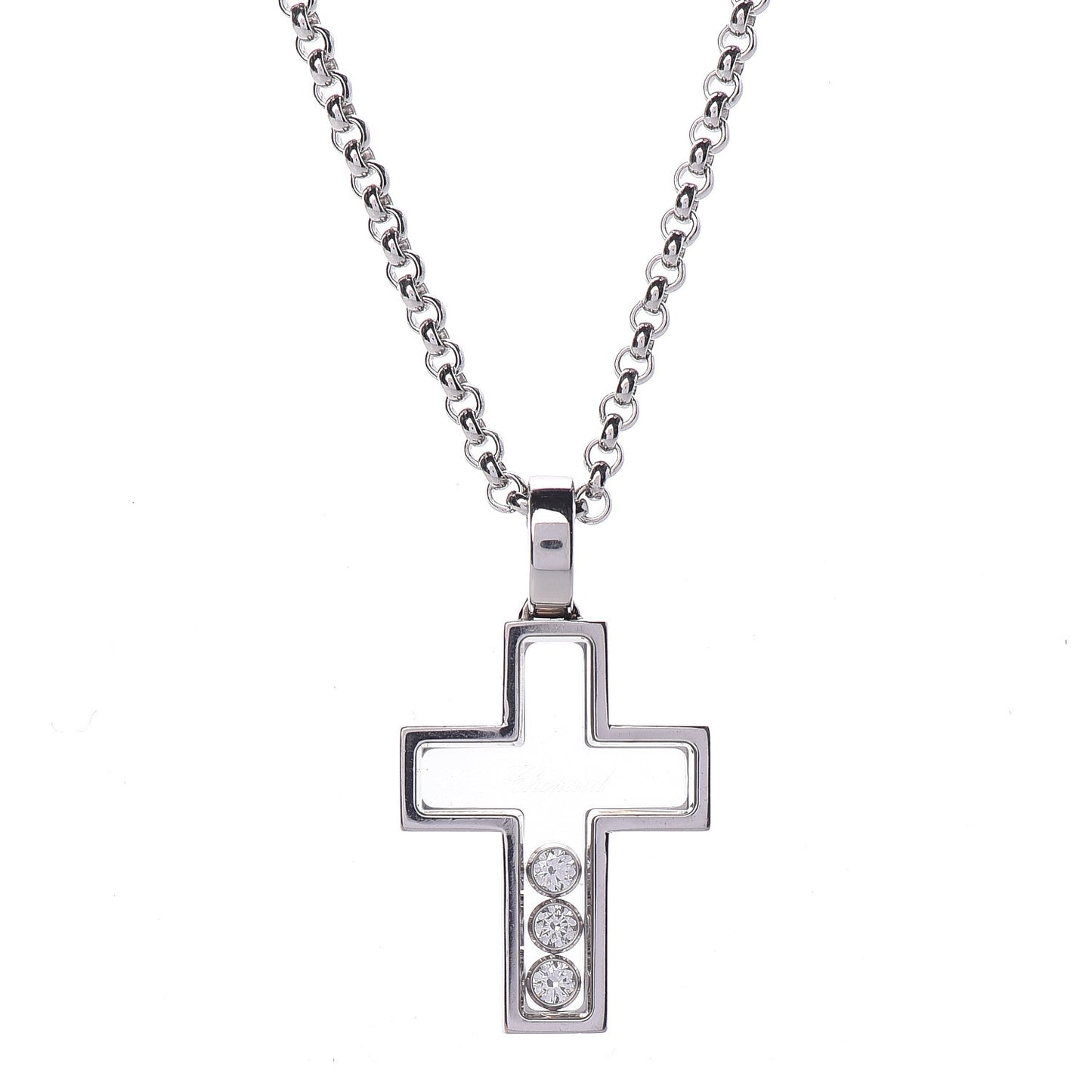 18K White Gold 3 Happy Diamonds Cross Pendant Necklace