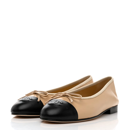 Chanel Lambskin Cap Toe CC Ballerina Flats 37.5 Beige Black 3 of 9