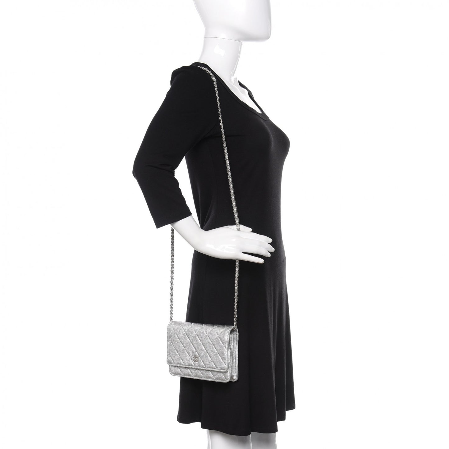 Metallic Lambskin Quilted Wallet On Chain WOC Silver