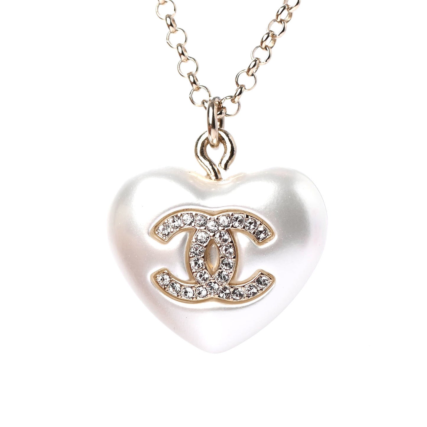 Resin Crystal CC Heart Necklace Pearly White Gold
