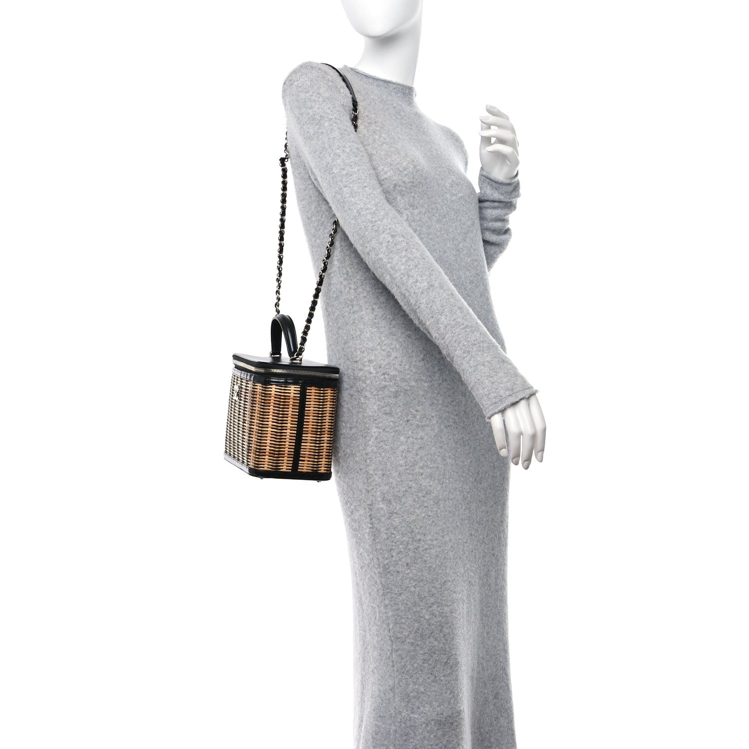 Chanel Glazed Calfskin Raffia Vanity Case Bag Black Beige 2 of 10