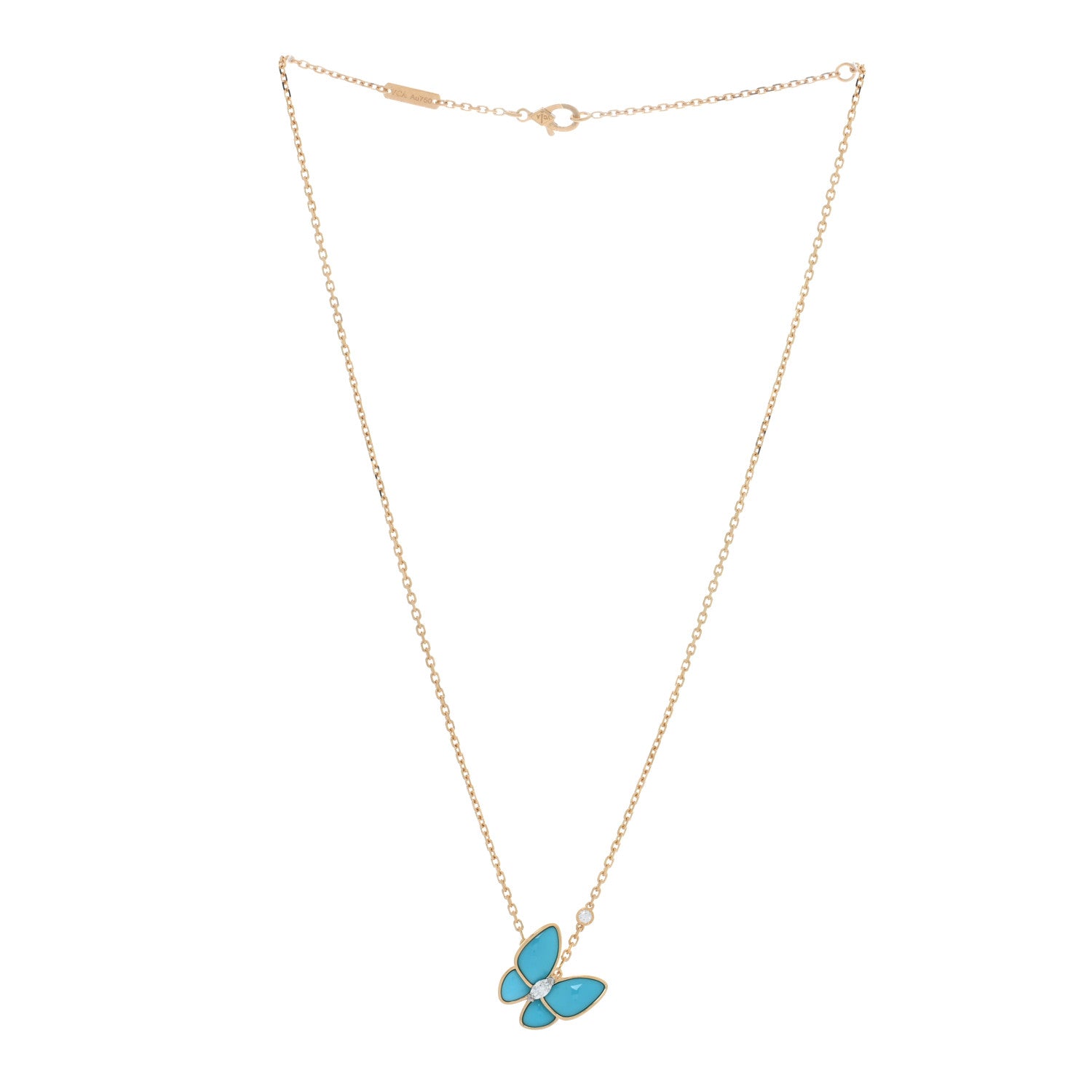 Van Cleef & Arpels 18K Yellow Gold Diamond Turquoise Two Butterfly Pendant Necklace 3 of 5