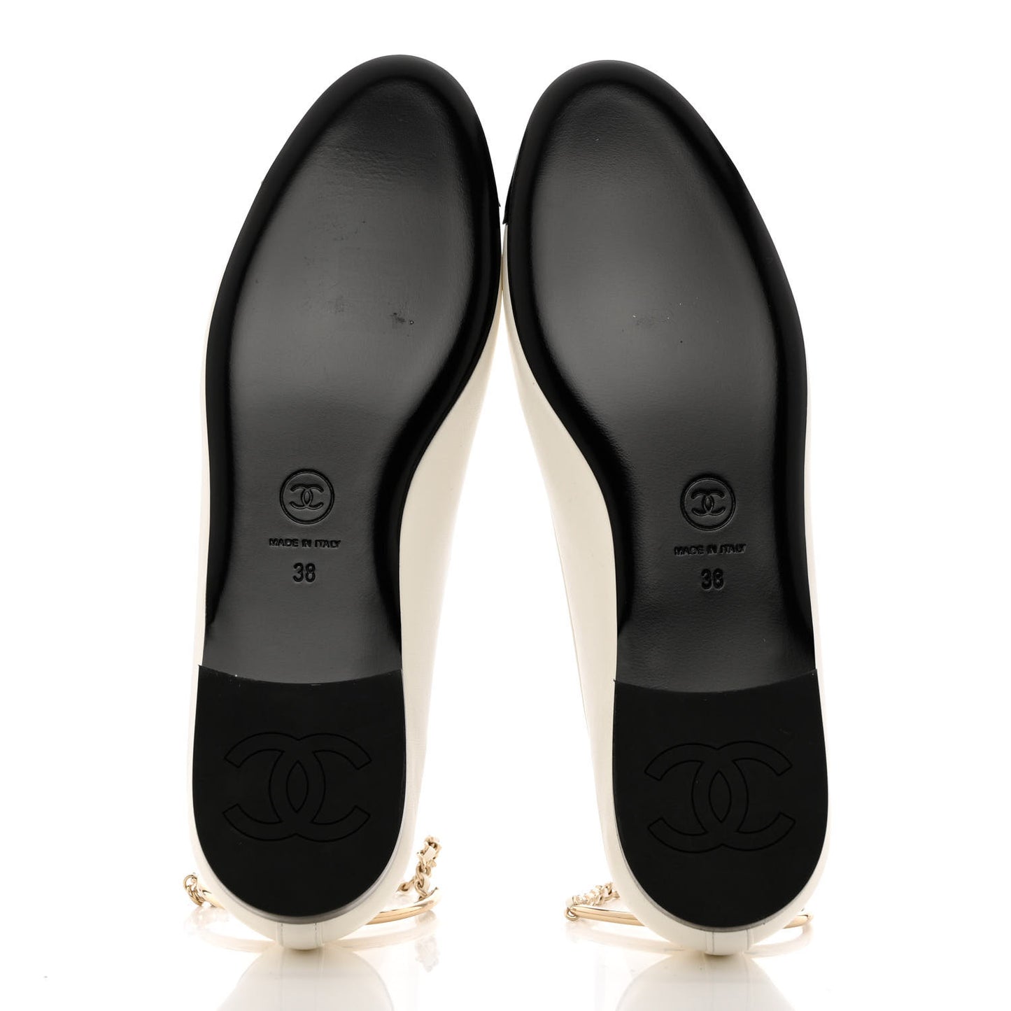 Lambskin Patent Calfskin Cap Toe Ankle Chain Ballerina Flats 38 White Black