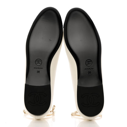 Chanel Lambskin Patent Calfskin Cap Toe Ankle Chain Ballerina Flats 38 White Black 5 of 10